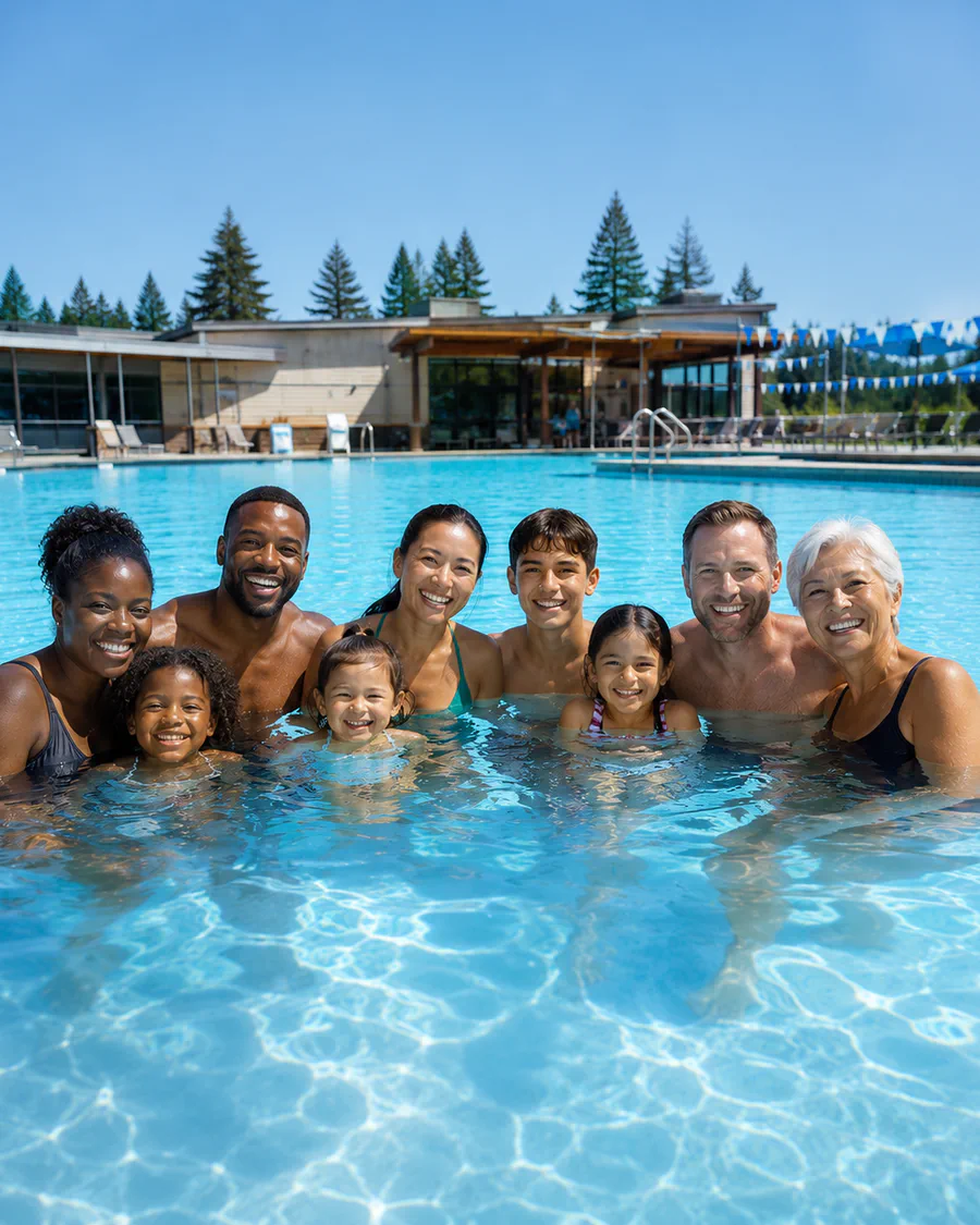 Adults, teenagers and young children of different ages and backgrounds smiling together in the water of a sunlit outdoor community pool.
